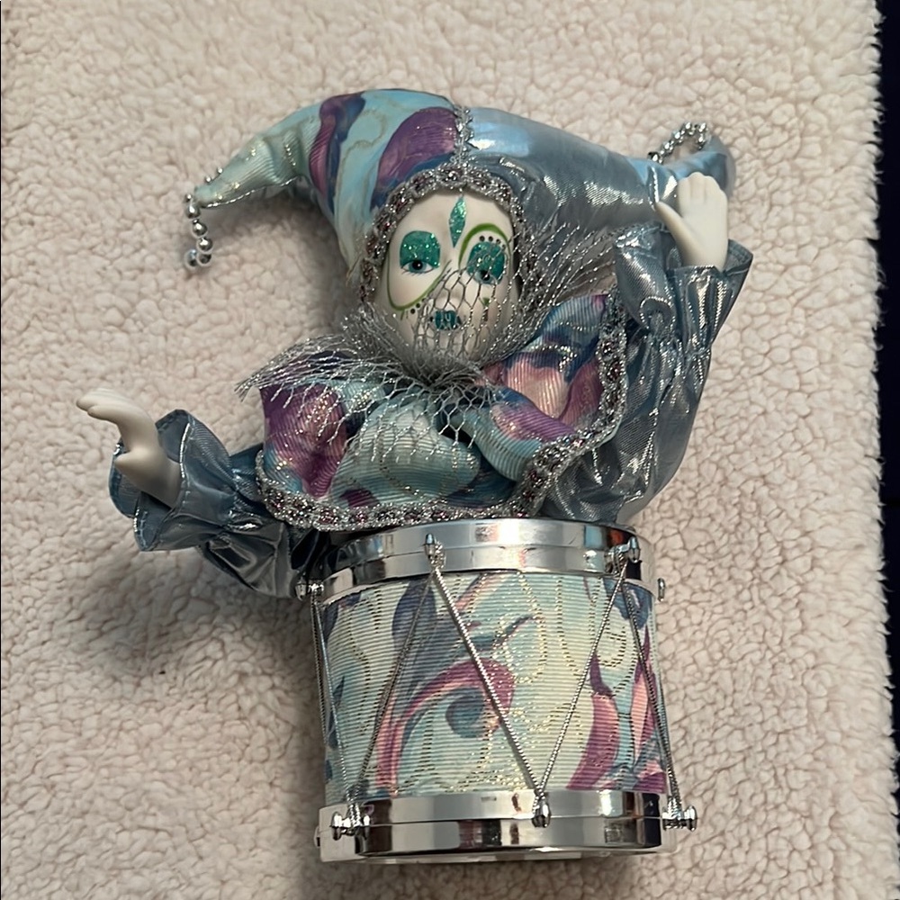 Whimsical Jester Figurine with Drum - Blue and Silver